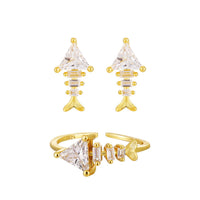 Fashion Irregular CZ Fishbone 925 Sterling Silver Adjustable Ring Stud Earrings - KIAHMILLA