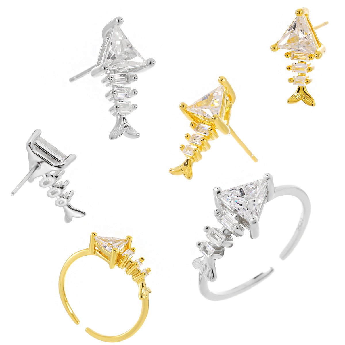 Fashion Irregular CZ Fishbone 925 Sterling Silver Adjustable Ring Stud Earrings - KIAHMILLA