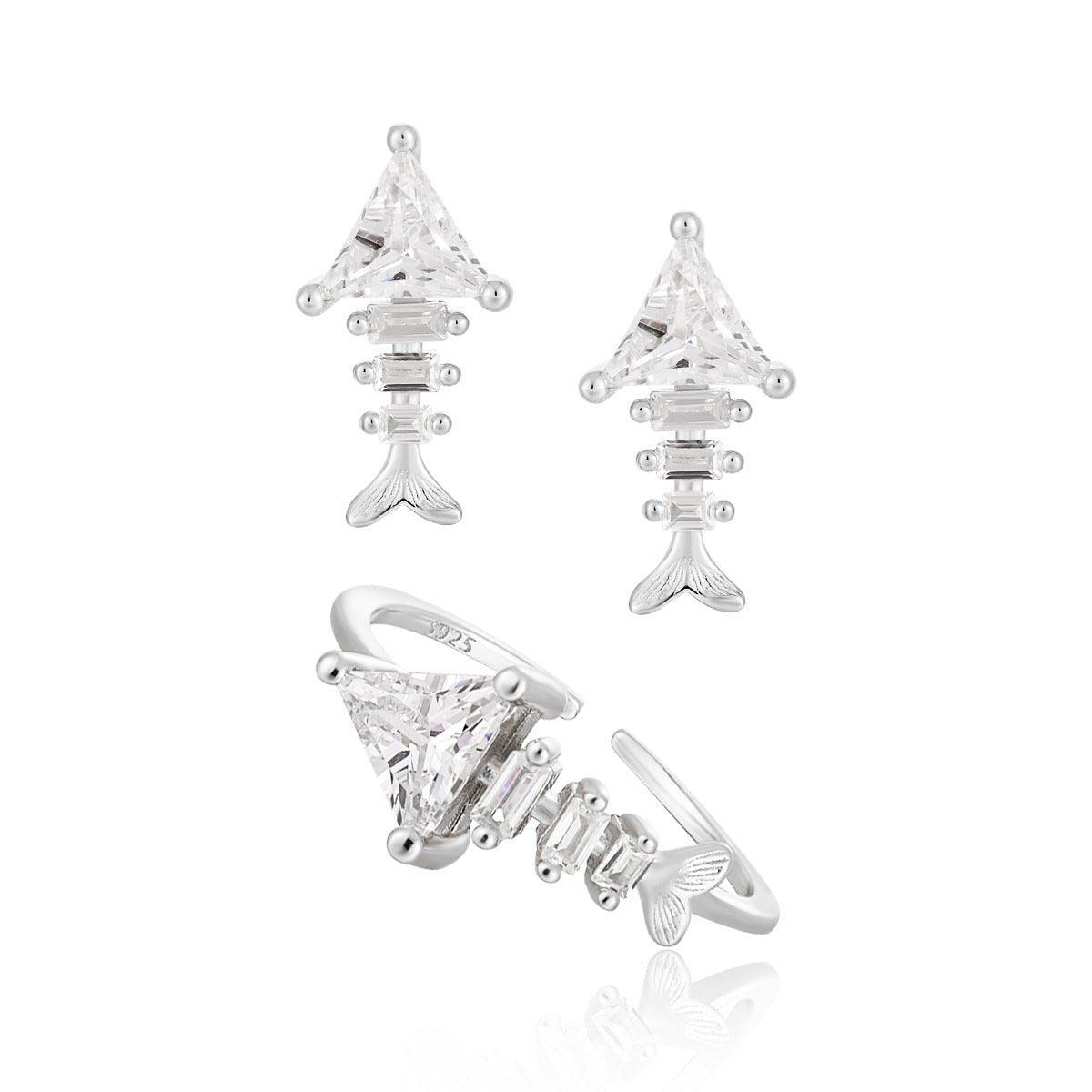 Fashion Irregular CZ Fishbone 925 Sterling Silver Adjustable Ring Stud Earrings - KIAHMILLA