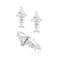 Fashion Irregular CZ Fishbone 925 Sterling Silver Adjustable Ring Stud Earrings - KIAHMILLA