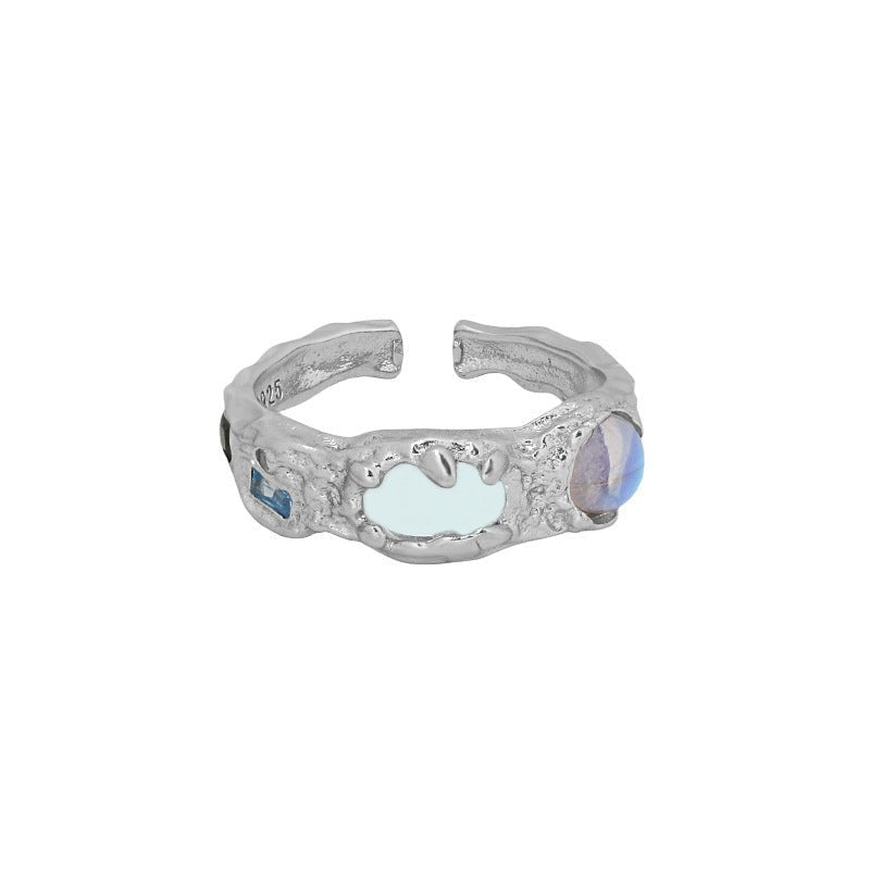 Fashion Irregular Round Created Moonstone CZ 925 Sterling Silver Adjustable Ring - KIAHMILLA