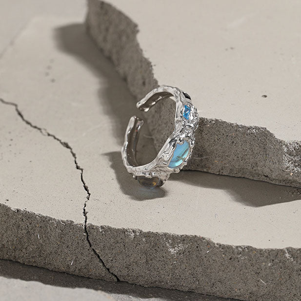 Fashion Irregular Round Created Moonstone CZ 925 Sterling Silver Adjustable Ring - KIAHMILLA