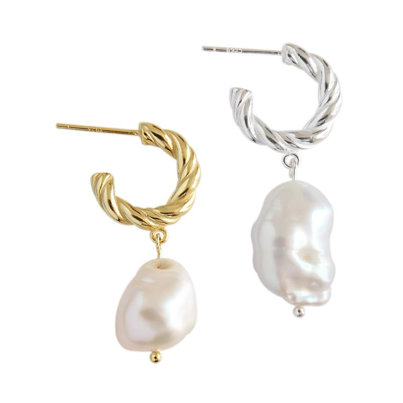 Fashion Irregular Shell Pearl Twisted Circle 925 Sterling Silver Hoop Earrings - KIAHMILLA