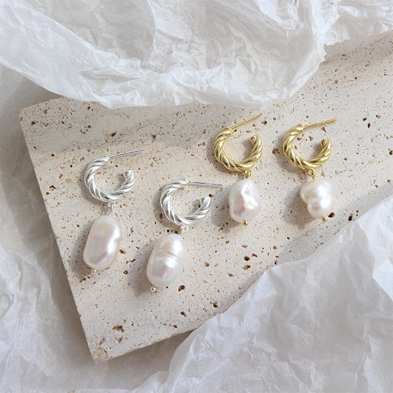 Fashion Irregular Shell Pearl Twisted Circle 925 Sterling Silver Hoop Earrings - KIAHMILLA