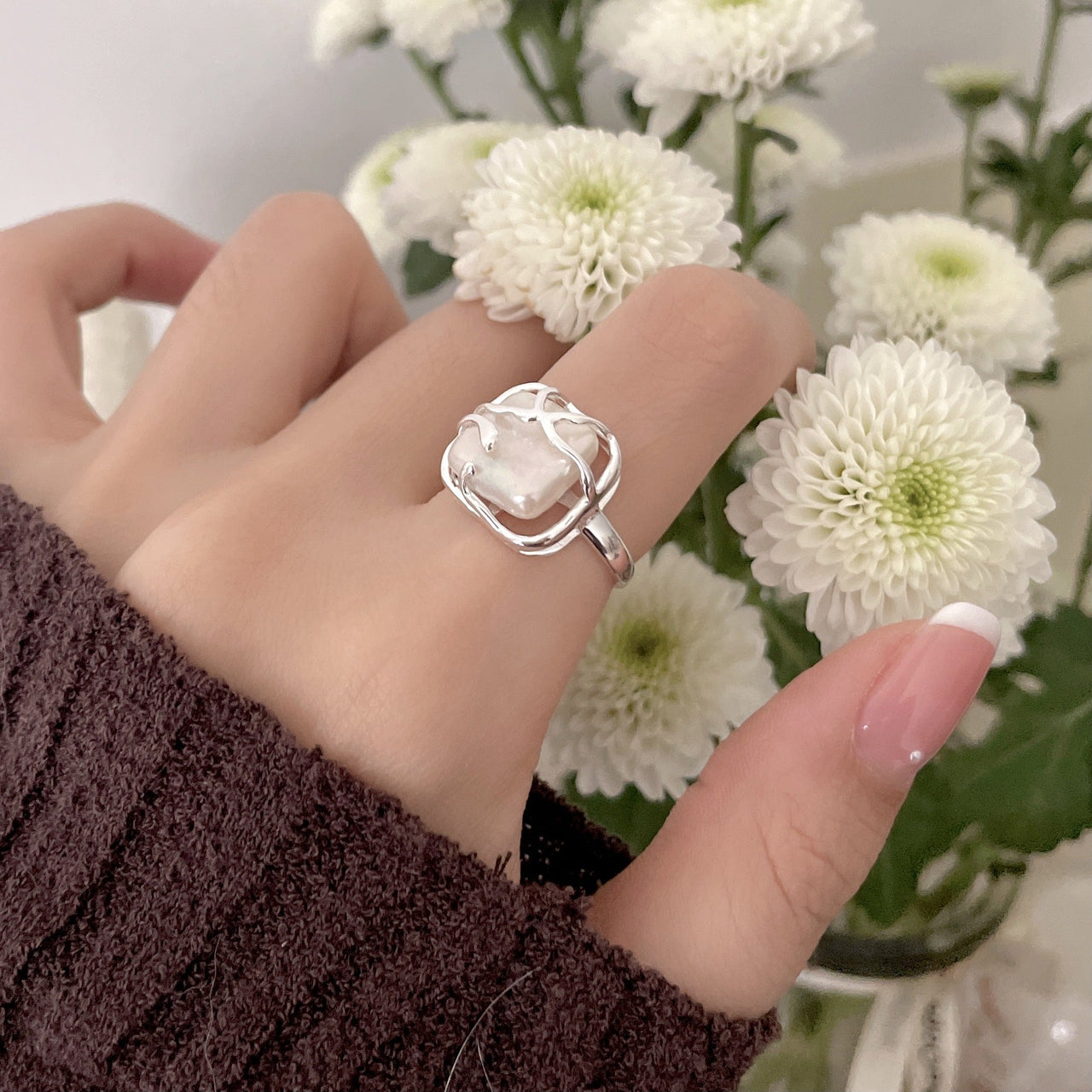 Fashion Square Natural Baroque Pearl 925 Sterling Silver Adjustable Ring - KIAHMILLA