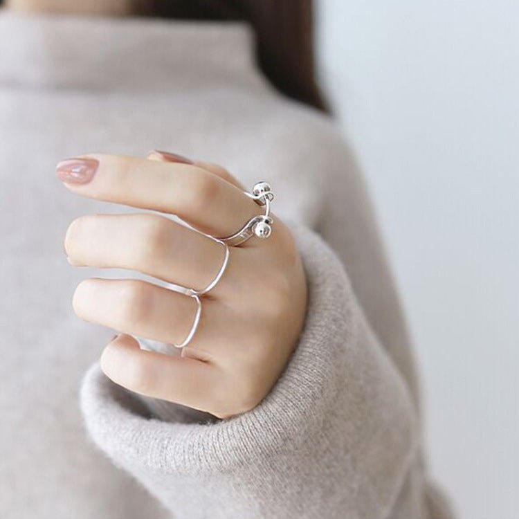 Geometric Double Ball Design 925 Sterling Silver Minimalist Adjustable White Gold Plated Ring - KIAHMILLA
