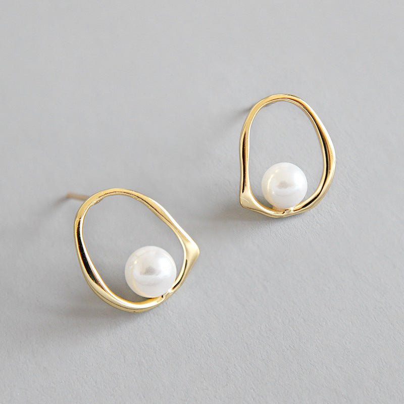 Geometric Round Shell Pearl 925 Sterling Silver Studs Earrings - KIAHMILLA