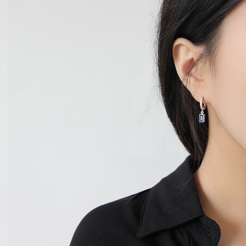 Geometry Blue CZ Rectangle 925 Silver Dangling Earrings (Single Piece) - KIAHMILLA