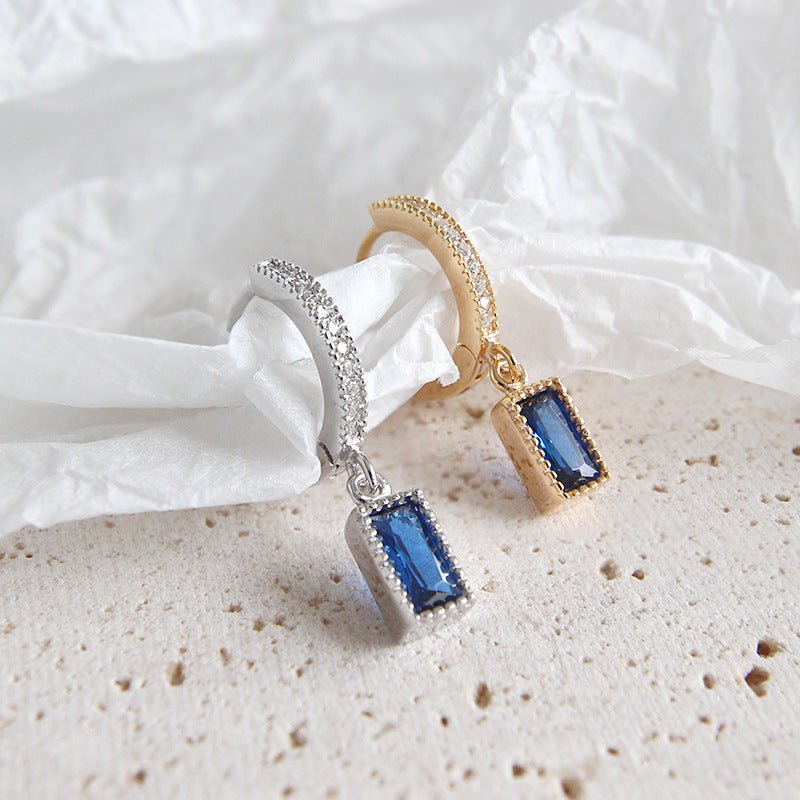 Geometry Blue CZ Rectangle 925 Silver Dangling Earrings (Single Piece) - KIAHMILLA