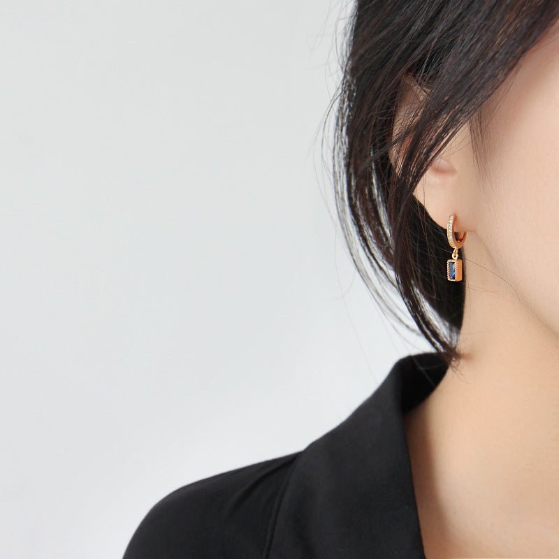 Geometry Blue CZ Rectangle 925 Silver Dangling Earrings (Single Piece) - KIAHMILLA