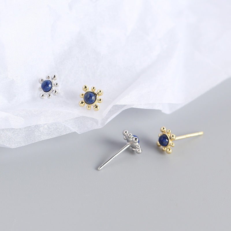 Geometry Blue Natural Lpis Lazuli Sun 925 Sterling Silver Stud Earrings - KIAHMILLA