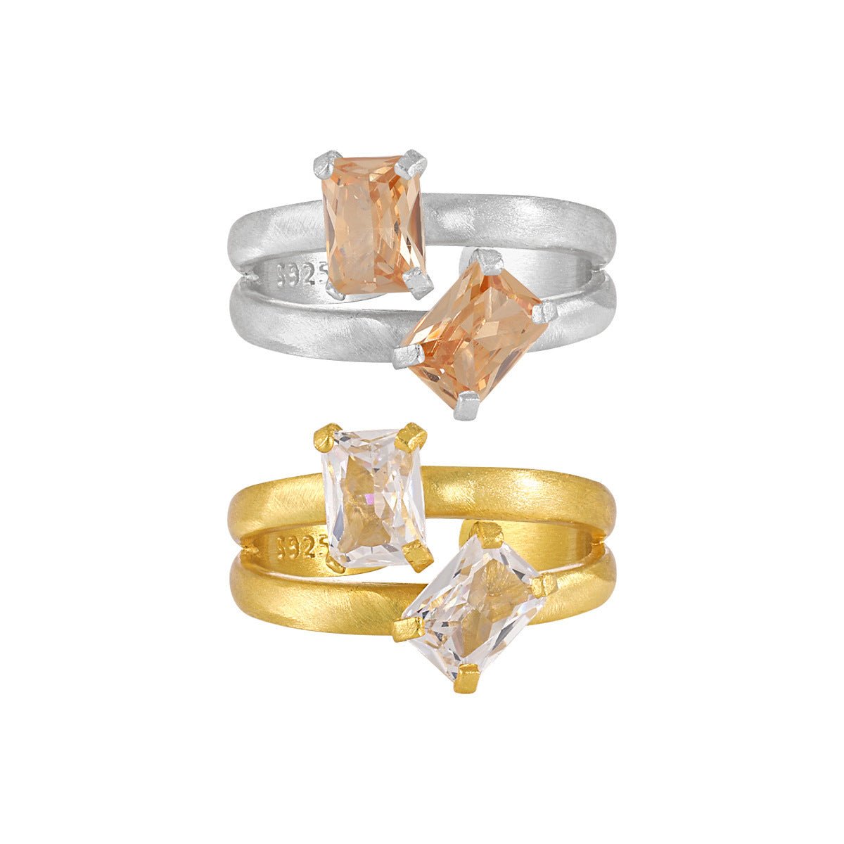 Geometry Double Layers Baguette CZ 925 Sterling Silver Adjustable Ring - KIAHMILLA