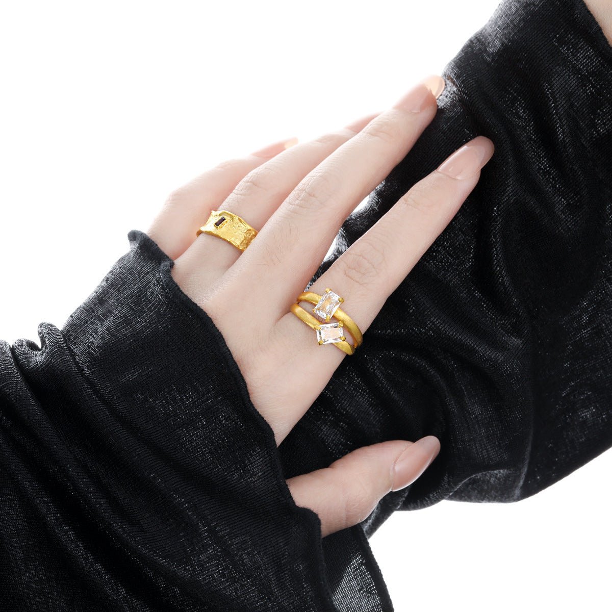 Geometry Double Layers Baguette CZ 925 Sterling Silver Adjustable Ring - KIAHMILLA