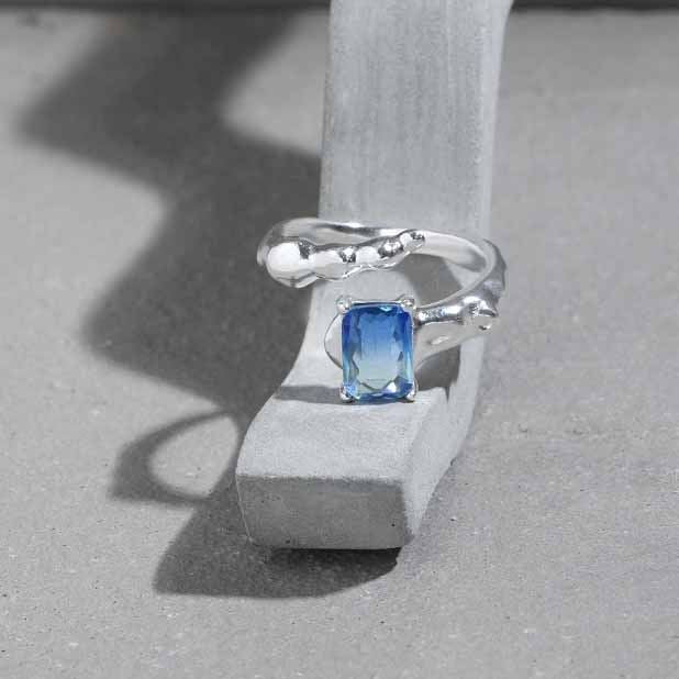 Geometry Emerald Shading Blue CZ 925 Sterling Silver Adjustable Ring - KIAHMILLA