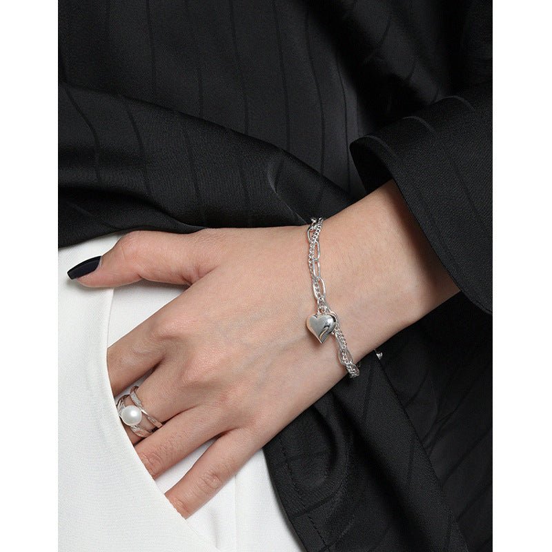 Girl Double Layers Hollow Chain Heart 925 Sterling Silver Bracelet - KIAHMILLA