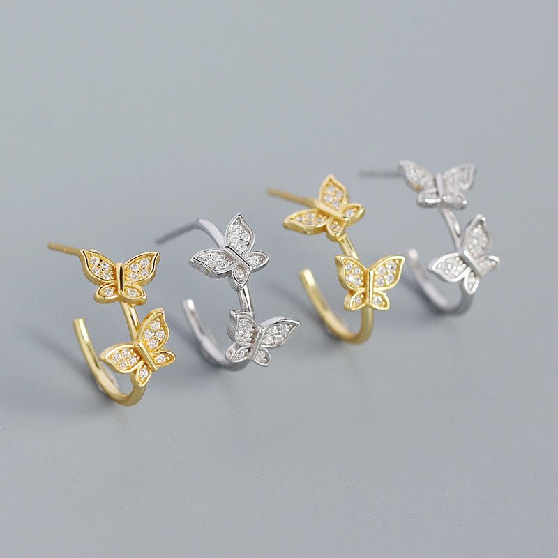 Girl Two Flying CZ Butterflies 925 Sterling Silver Stud Earrings - KIAHMILLA