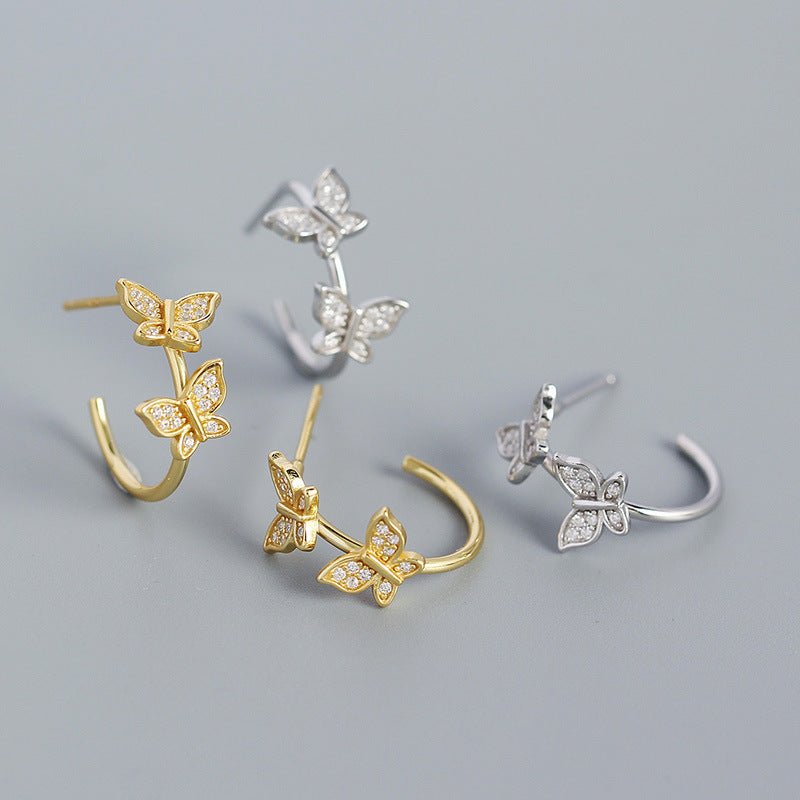 Girl Two Flying CZ Butterflies 925 Sterling Silver Stud Earrings - KIAHMILLA