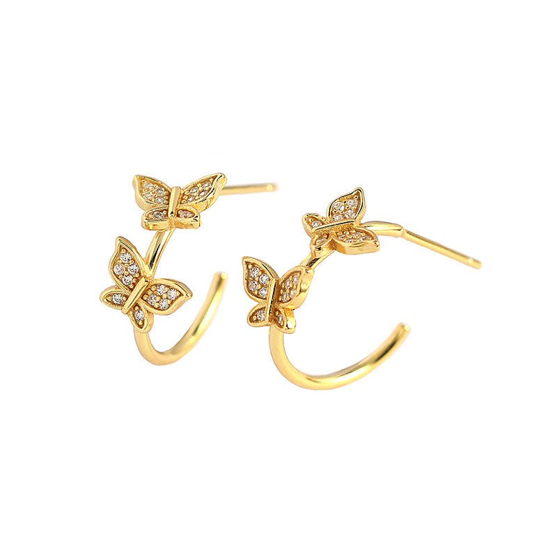 Girl Two Flying CZ Butterflies 925 Sterling Silver Stud Earrings - KIAHMILLA