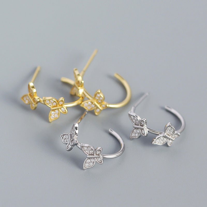 Girl Two Flying CZ Butterflies 925 Sterling Silver Stud Earrings - KIAHMILLA
