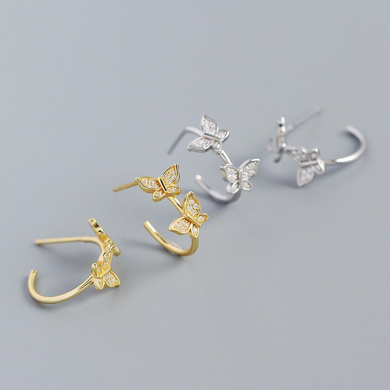 Girl Two Flying CZ Butterflies 925 Sterling Silver Stud Earrings - KIAHMILLA