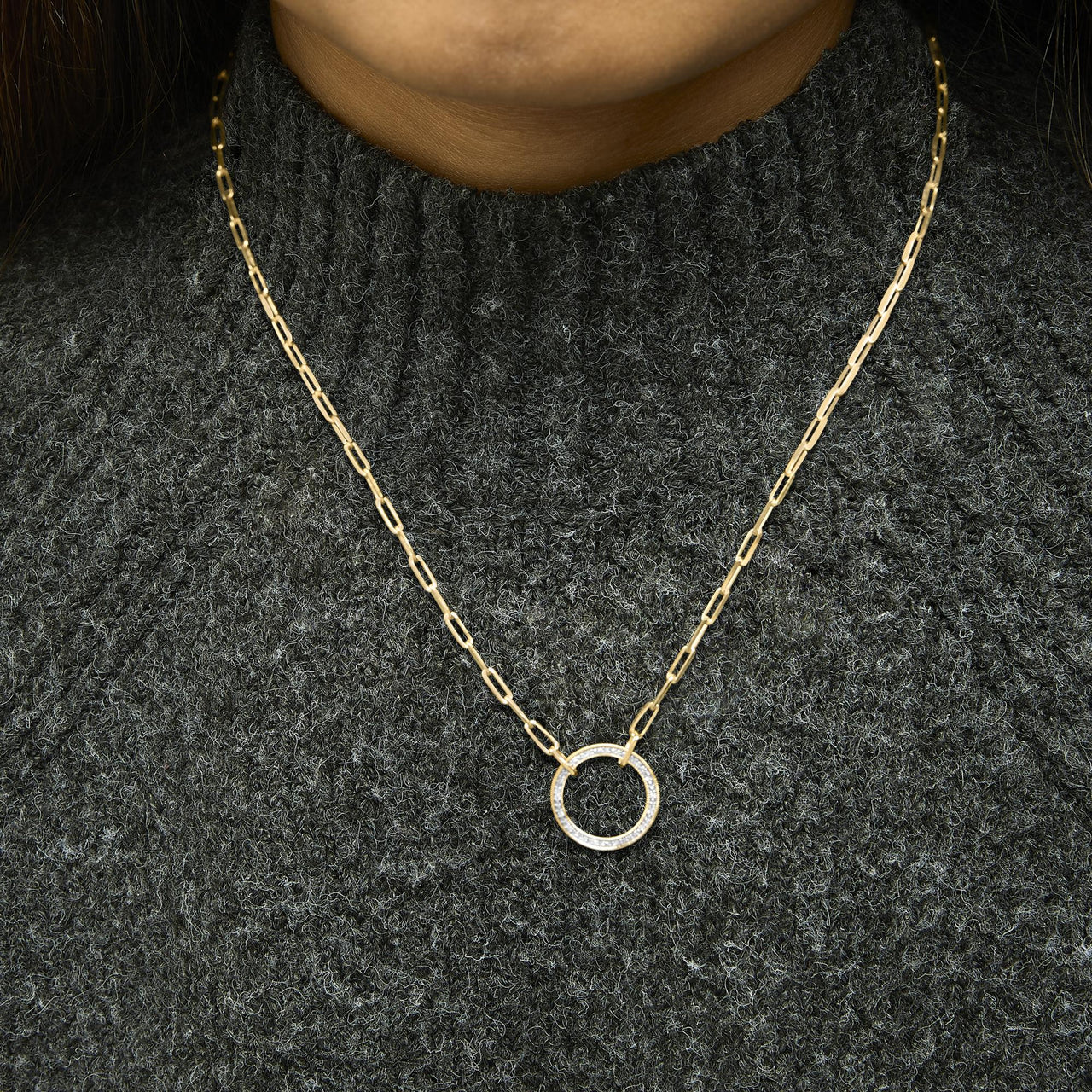 Gold Vermeil 1/10 Cttw Diamond Paperclip Chain Circle Pendant Necklace - KIAHMILLA