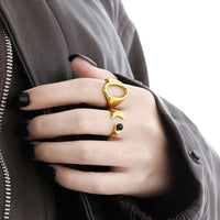 Graduation Round Black Agate Crescent Moon 925 Sterling Silver Adjustable Ring - KIAHMILLA
