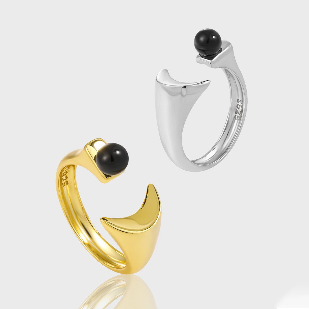 Graduation Round Black Agate Crescent Moon 925 Sterling Silver Adjustable Ring - KIAHMILLA
