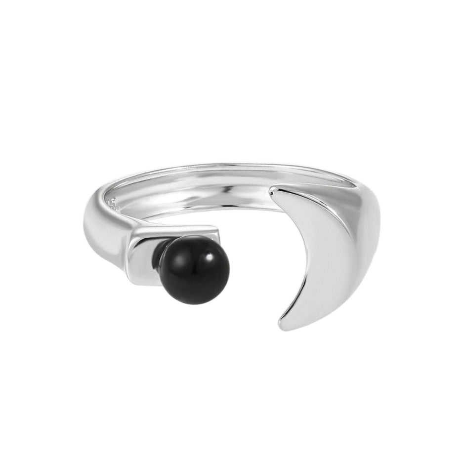 Graduation Round Black Agate Crescent Moon 925 Sterling Silver Adjustable Ring - KIAHMILLA