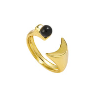 Graduation Round Black Agate Crescent Moon 925 Sterling Silver Adjustable Ring - KIAHMILLA