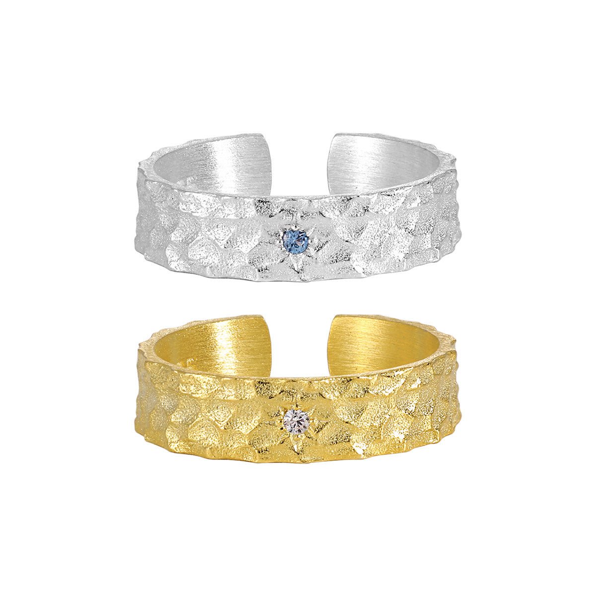 Hammered Texture Cubic Zirconia Adjustable Open Ring for Women with 925 Sterling Silver and 18K Gold Plating, Unique Minimalist Style for Anniversary, Birthday, Party, or Casual Wear - KIAHMILLA