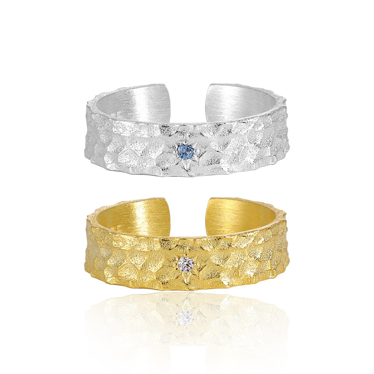 Hammered Texture Cubic Zirconia Adjustable Open Ring for Women with 925 Sterling Silver and 18K Gold Plating, Unique Minimalist Style for Anniversary, Birthday, Party, or Casual Wear - KIAHMILLA