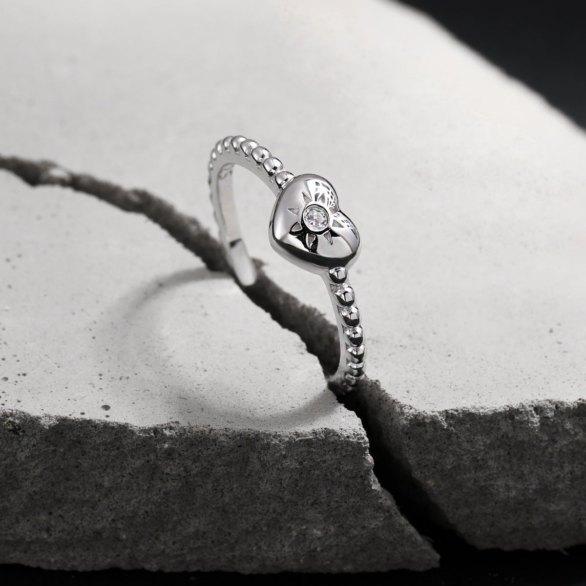 Heart Sunburst Cubic Zirconia 925 Sterling Silver Women Minimalist Beaded Band Open Ring - KIAHMILLA
