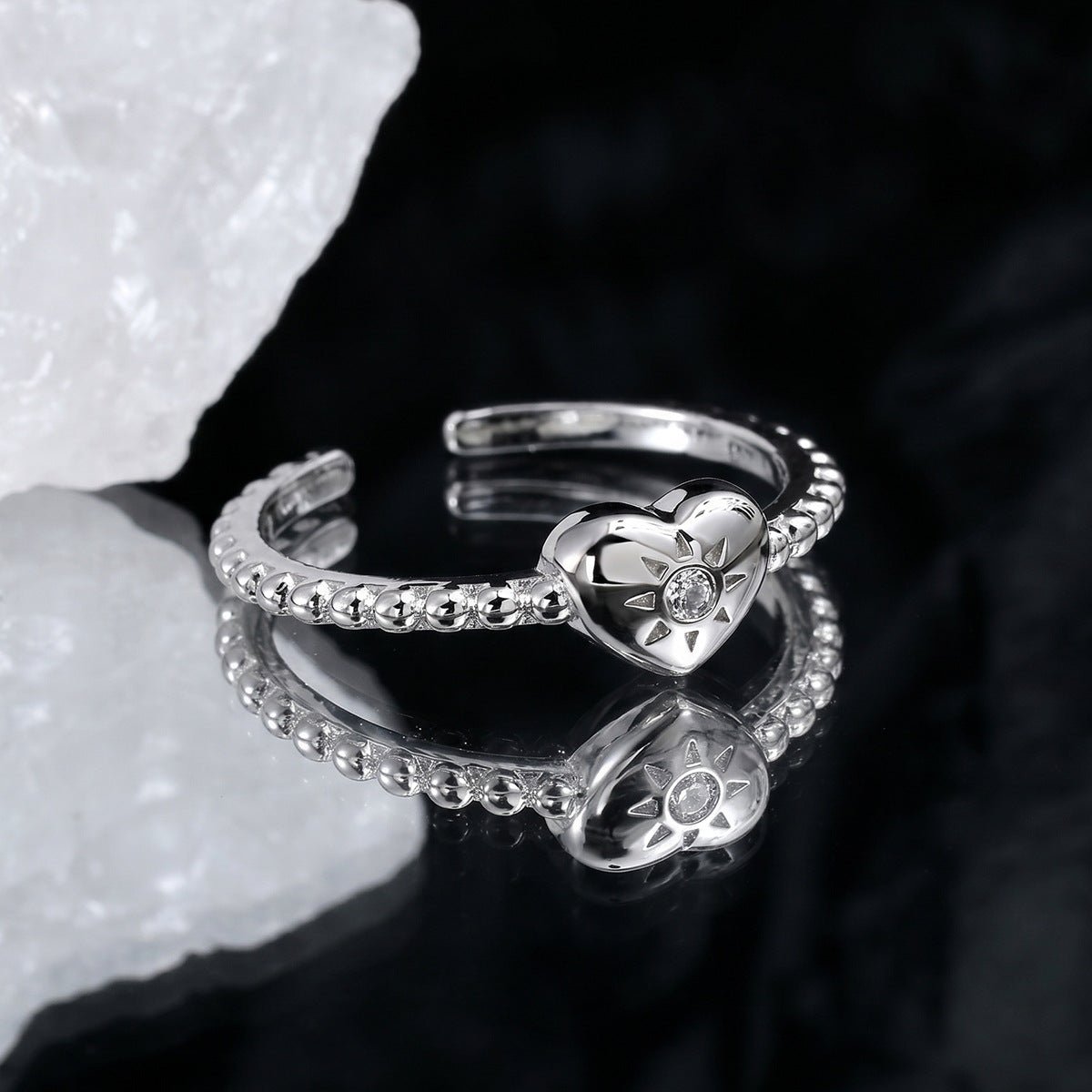 Heart Sunburst Cubic Zirconia 925 Sterling Silver Women Minimalist Beaded Band Open Ring - KIAHMILLA