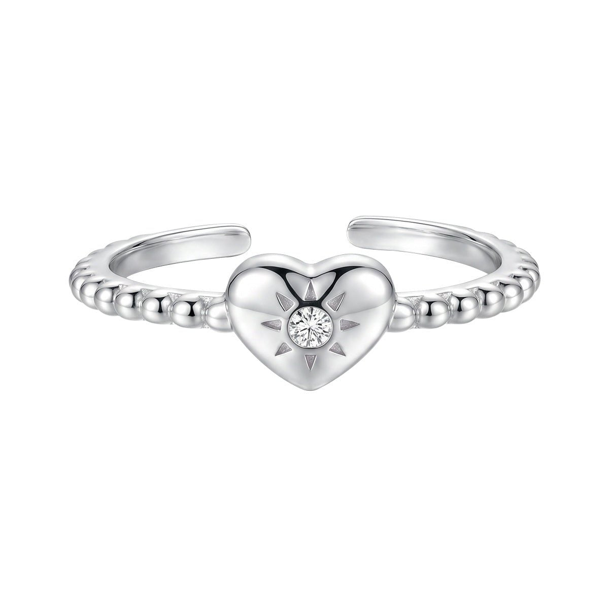 Heart Sunburst Cubic Zirconia 925 Sterling Silver Women Minimalist Beaded Band Open Ring - KIAHMILLA