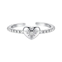 Heart Sunburst Cubic Zirconia 925 Sterling Silver Women Minimalist Beaded Band Open Ring - KIAHMILLA