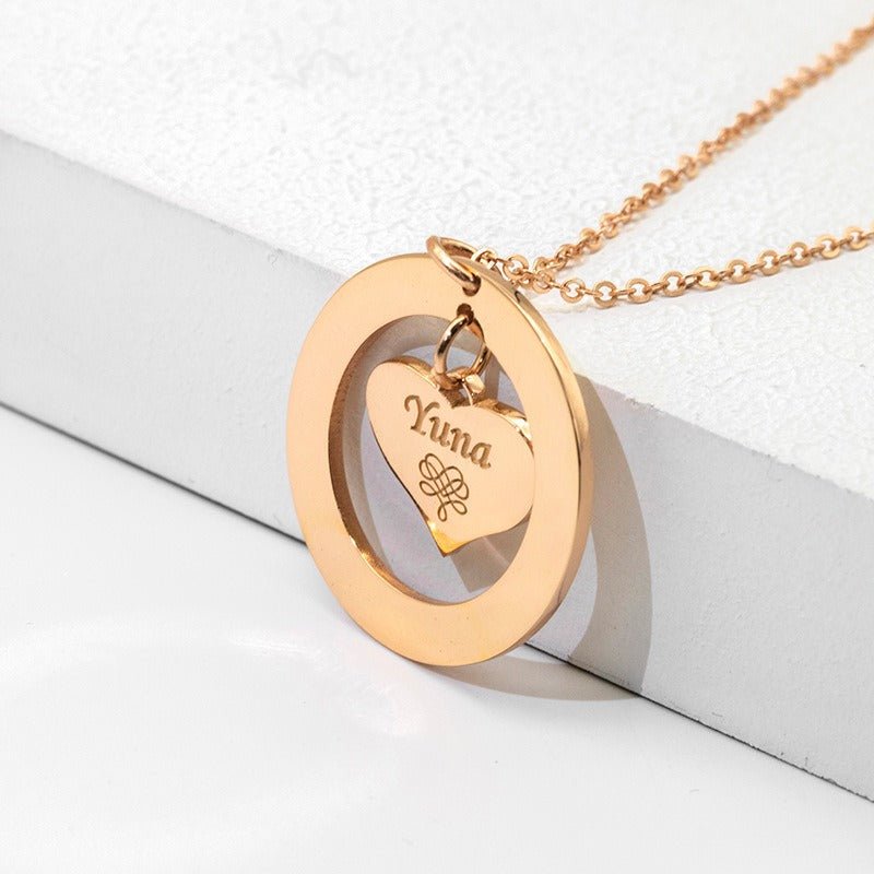 Hollow round with love heart, customizable name design, unique high-end necklace - KIAHMILLA