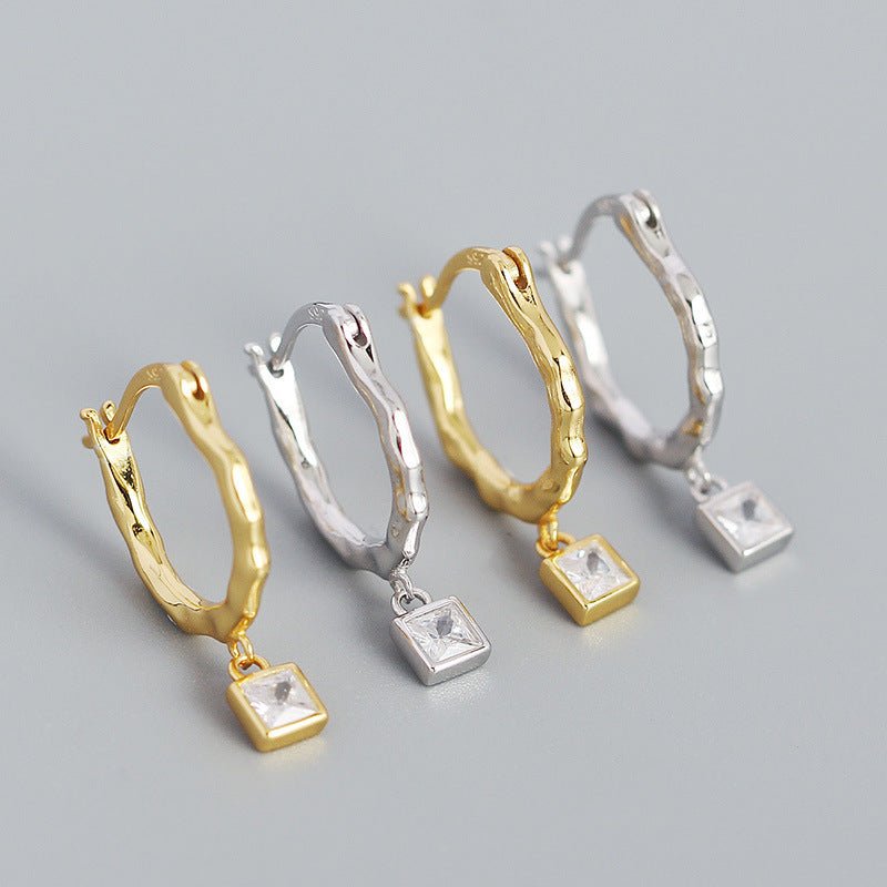 Irregular CZ Square Geometry 925 Sterling Silver Hoop Earrings - KIAHMILLA