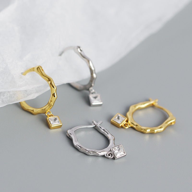 Irregular CZ Square Geometry 925 Sterling Silver Hoop Earrings - KIAHMILLA