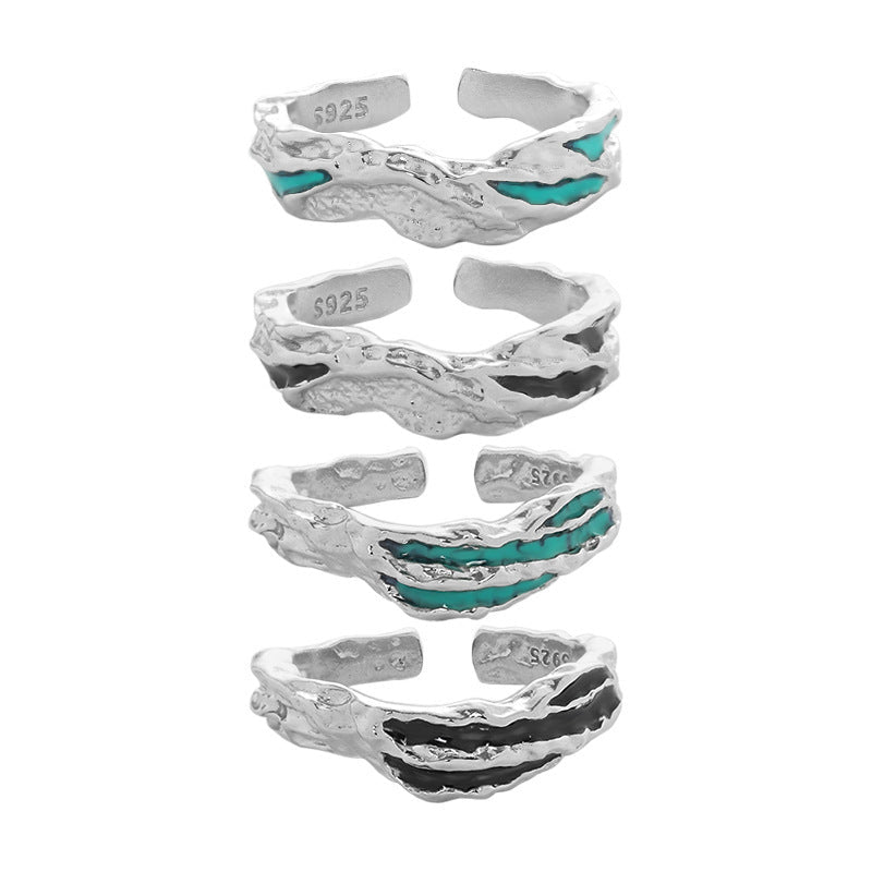 Irregular Textured Geometric Teal And Black Enamel Pure Metal 925 Sterling Silver Adjustable Open Ring - KIAHMILLA