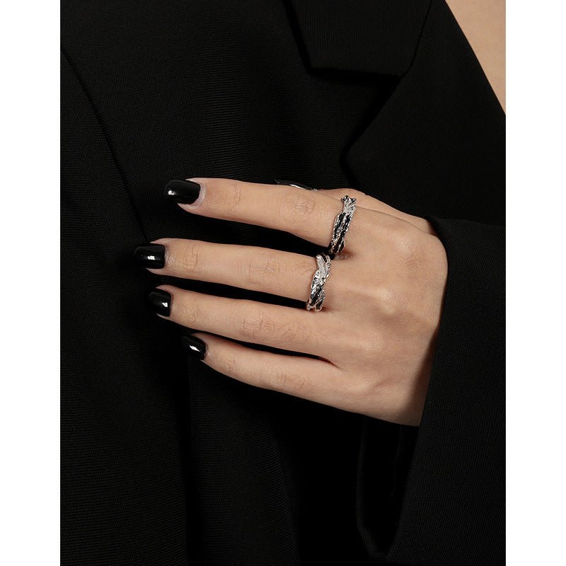 Irregular Textured Geometric Teal And Black Enamel Pure Metal 925 Sterling Silver Adjustable Open Ring - KIAHMILLA
