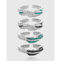 Irregular Textured Geometric Teal And Black Enamel Pure Metal 925 Sterling Silver Adjustable Open Ring - KIAHMILLA