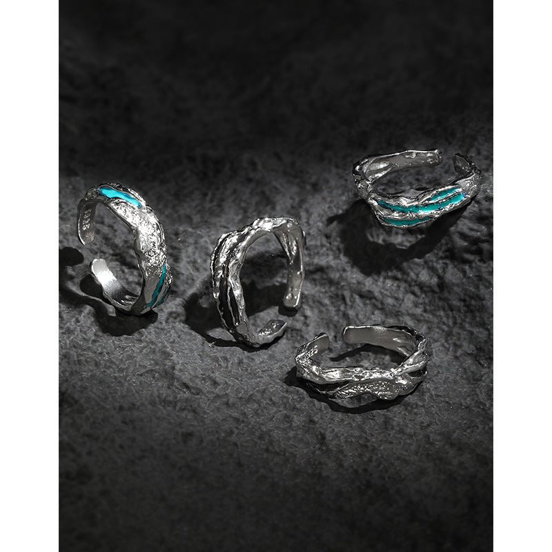 Irregular Textured Geometric Teal And Black Enamel Pure Metal 925 Sterling Silver Adjustable Open Ring - KIAHMILLA