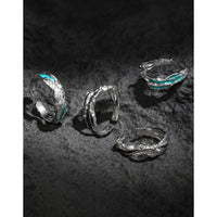 Irregular Textured Geometric Teal And Black Enamel Pure Metal 925 Sterling Silver Adjustable Open Ring - KIAHMILLA