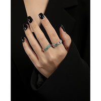 Irregular Textured Geometric Teal And Black Enamel Pure Metal 925 Sterling Silver Adjustable Open Ring - KIAHMILLA