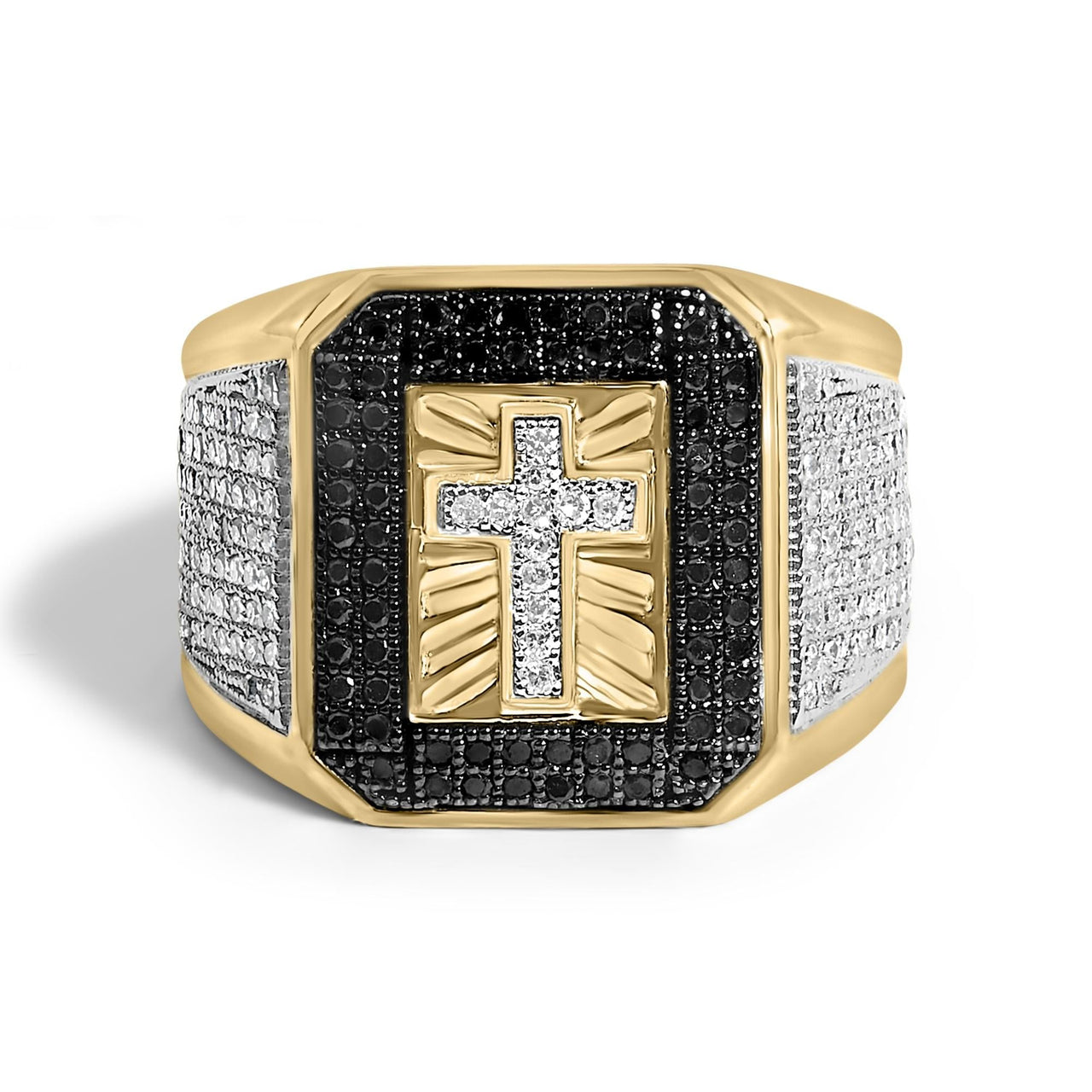 Men's 10K Yellow Gold 1 1/2 Cttw White and Black Diamond Cross Signet Ring - KIAHMILLA