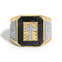Men's 10K Yellow Gold 1 1/2 Cttw White and Black Diamond Cross Signet Ring - KIAHMILLA