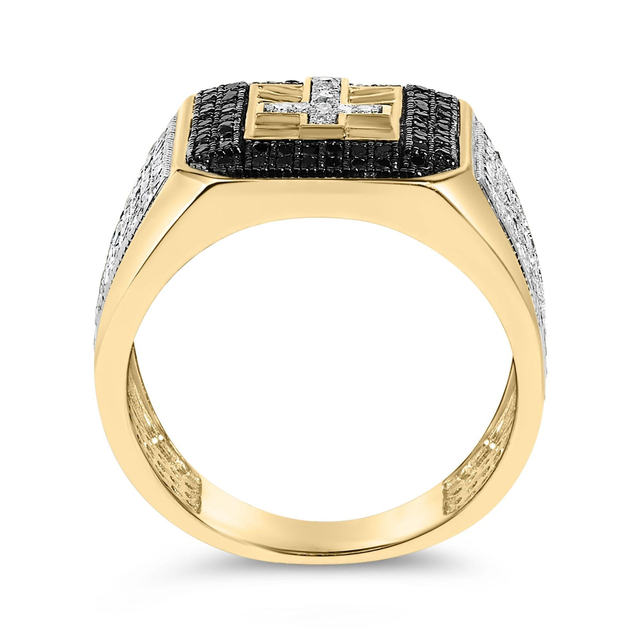 Men's 10K Yellow Gold 1 1/2 Cttw White and Black Diamond Cross Signet Ring - KIAHMILLA