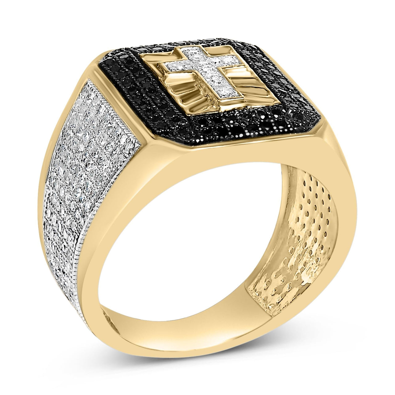 Men's 10K Yellow Gold 1 1/2 Cttw White and Black Diamond Cross Signet Ring - KIAHMILLA
