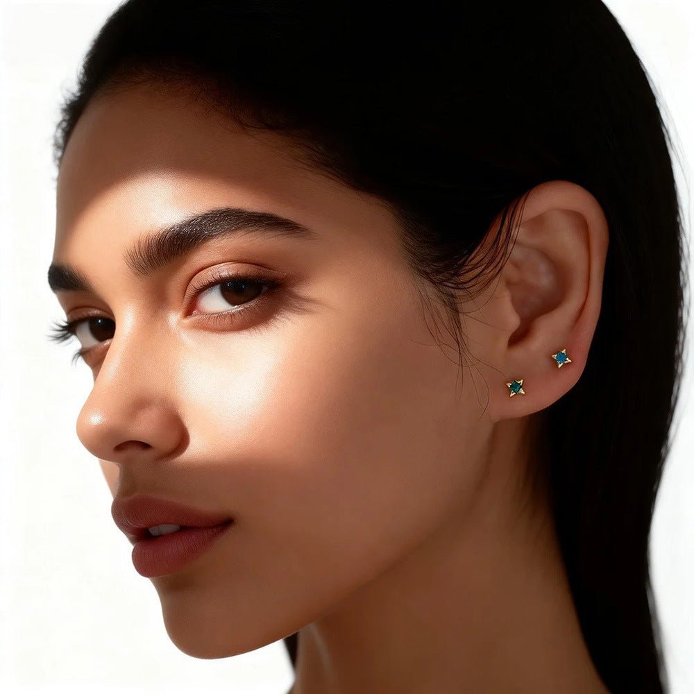 Mini Delicate Star Four Point Star Stone Setting 925 Sterling Silver Screw Back Cartilage Stud Earrings - KIAHMILLA
