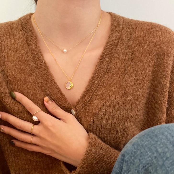 Minimalism Round Shell Pearl Curb Chain 925 Sterling Silver Necklace - KIAHMILLA